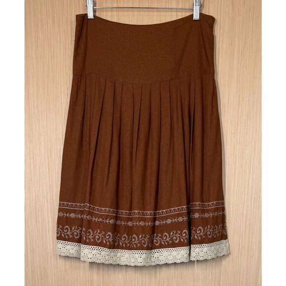 Ninety Dresses & Skirts - Ninety Linen Blend Pleated Lace Hem Skirt Womens Small Embroidered Bead Cottage